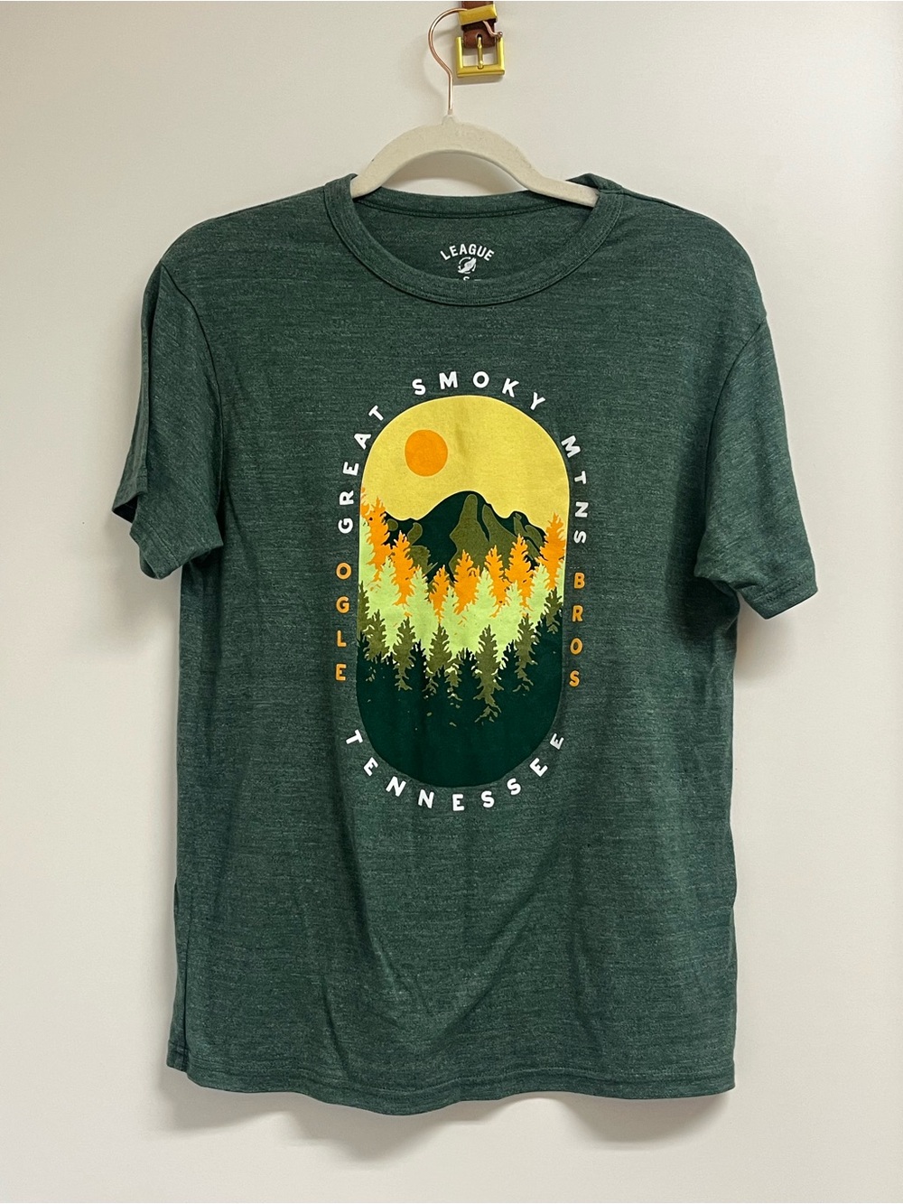 League Forest Green Great Smoky Mountains Graphic Tee with Yellow & Orange Print